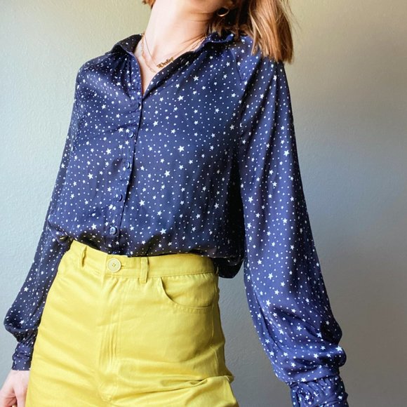 Urban Outfitters Navy Blue Satin White Star Print Constellation Button Up Blouse